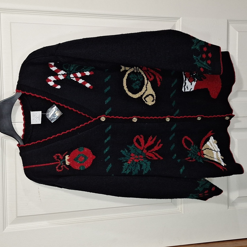 Style Studio button-up Christmas cardigan sweater - M - black/red metallic